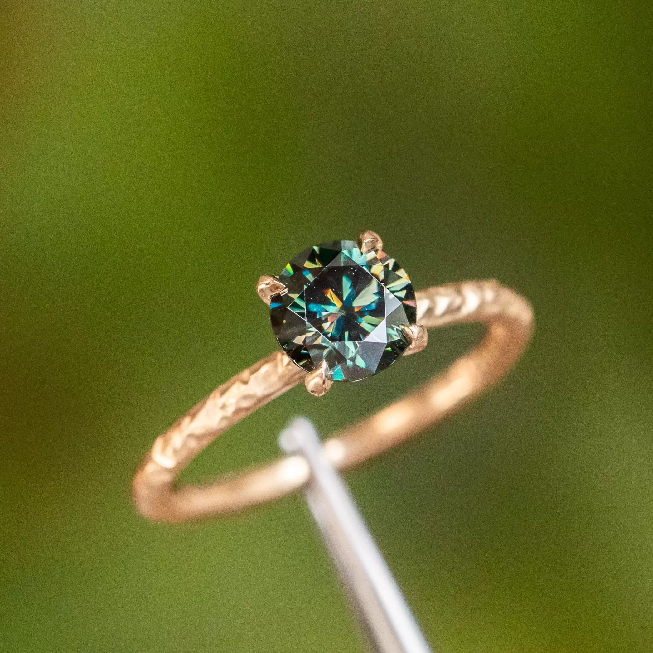 0.93ct Teal and Purple Moissanite Evergreen Carved Solitaire in 14k Yellow Gold