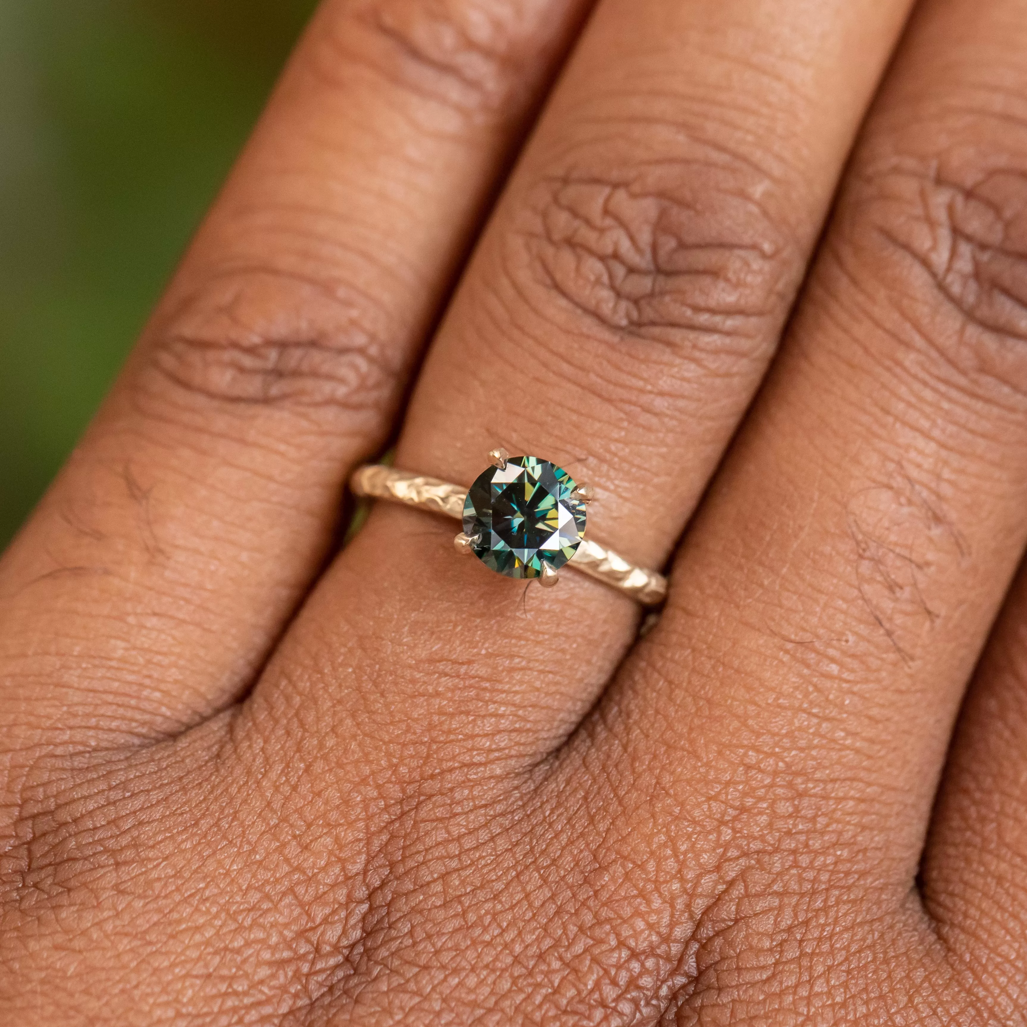 0.93ct Teal and Purple Moissanite Evergreen Carved Solitaire in 14k Yellow Gold