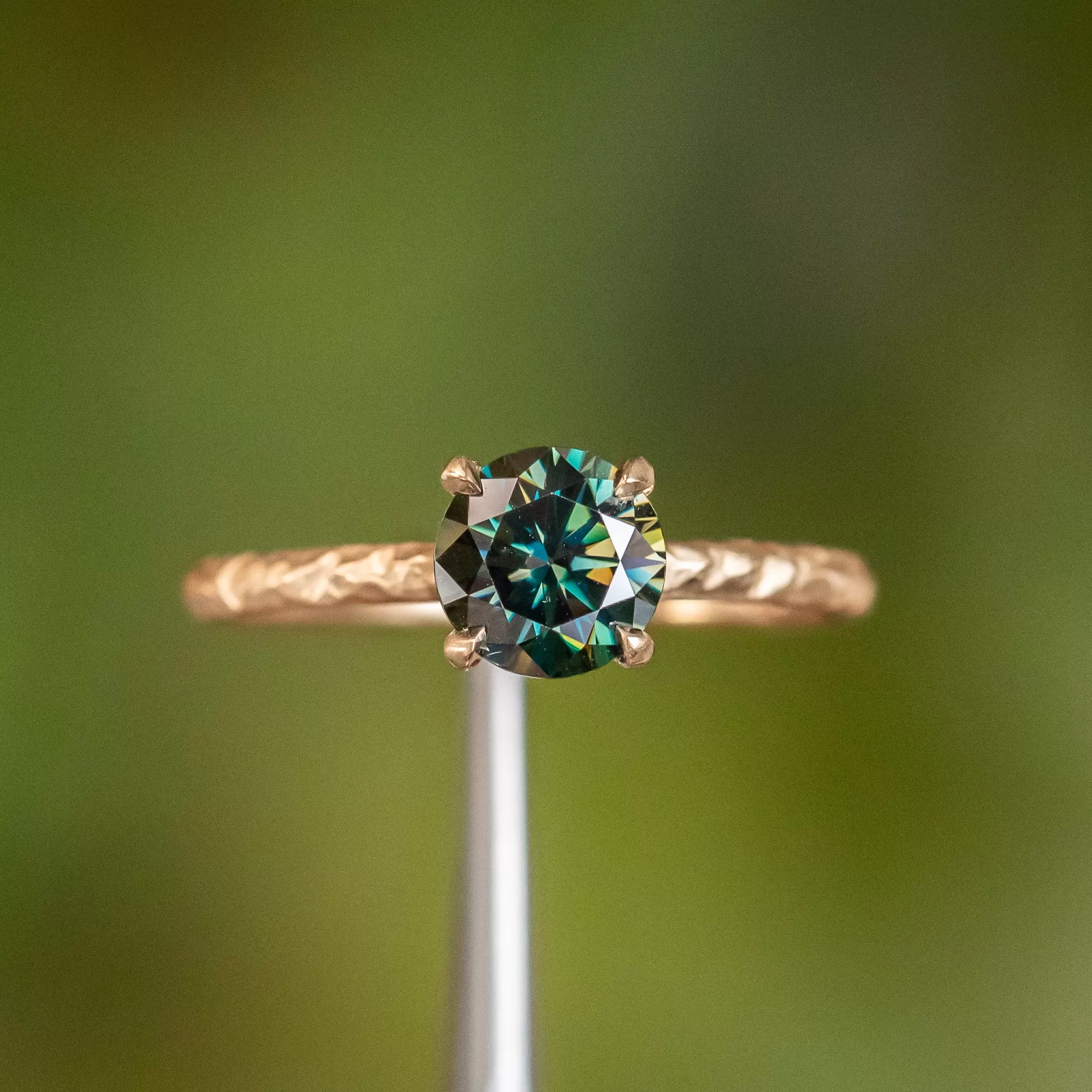 0.93ct Teal and Purple Moissanite Evergreen Carved Solitaire in 14k Yellow Gold