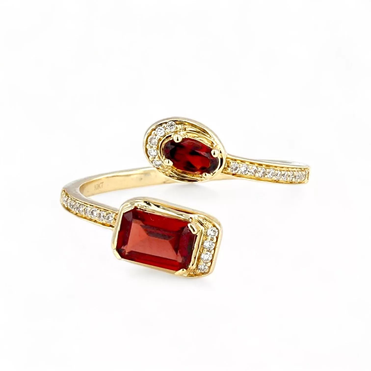 10K yellow gold garnet round diamonds bypass ring-24562