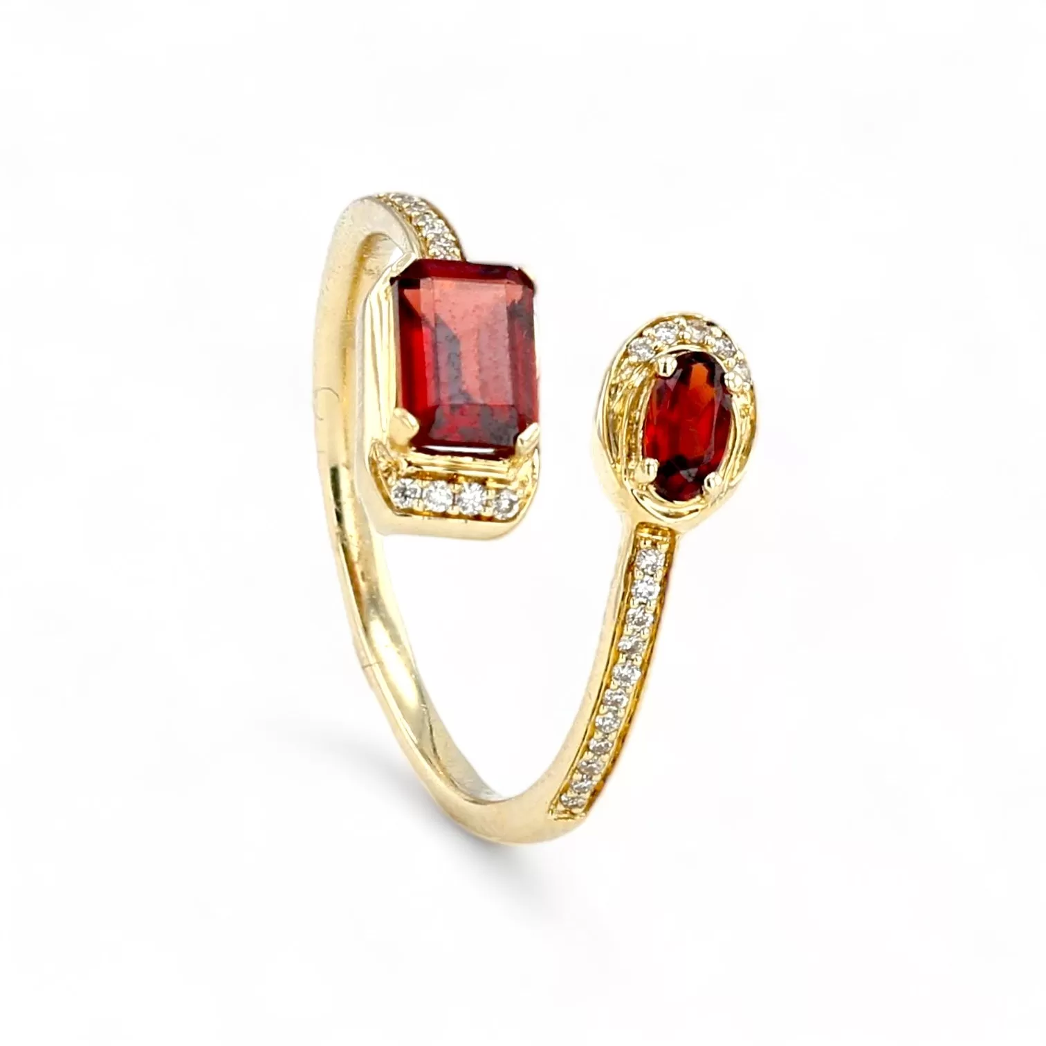 10K yellow gold garnet round diamonds bypass ring-24562