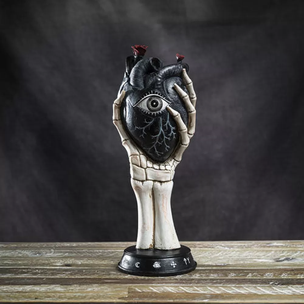 12.9" Black Heart with Skull Hand Statue