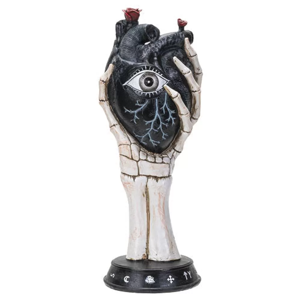 12.9" Black Heart with Skull Hand Statue