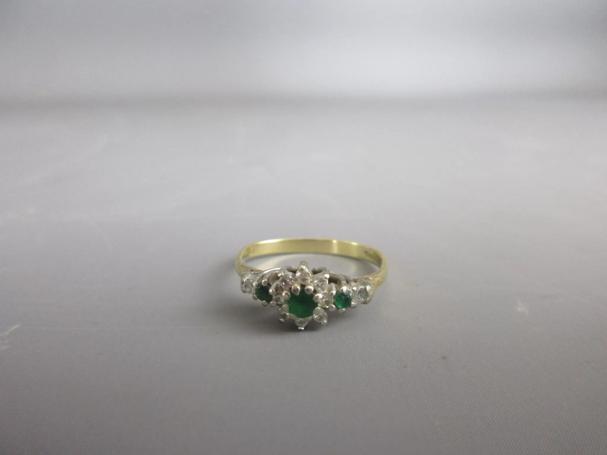 18K Gold Emerald & Diamond Floral Cluster Ring London Vintage 1980