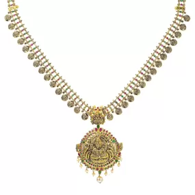 22K Yellow Antique Gold Laxmi Kasu Haaram Necklace W/ Emeralds, Rubies, Pearls & Large Pendant