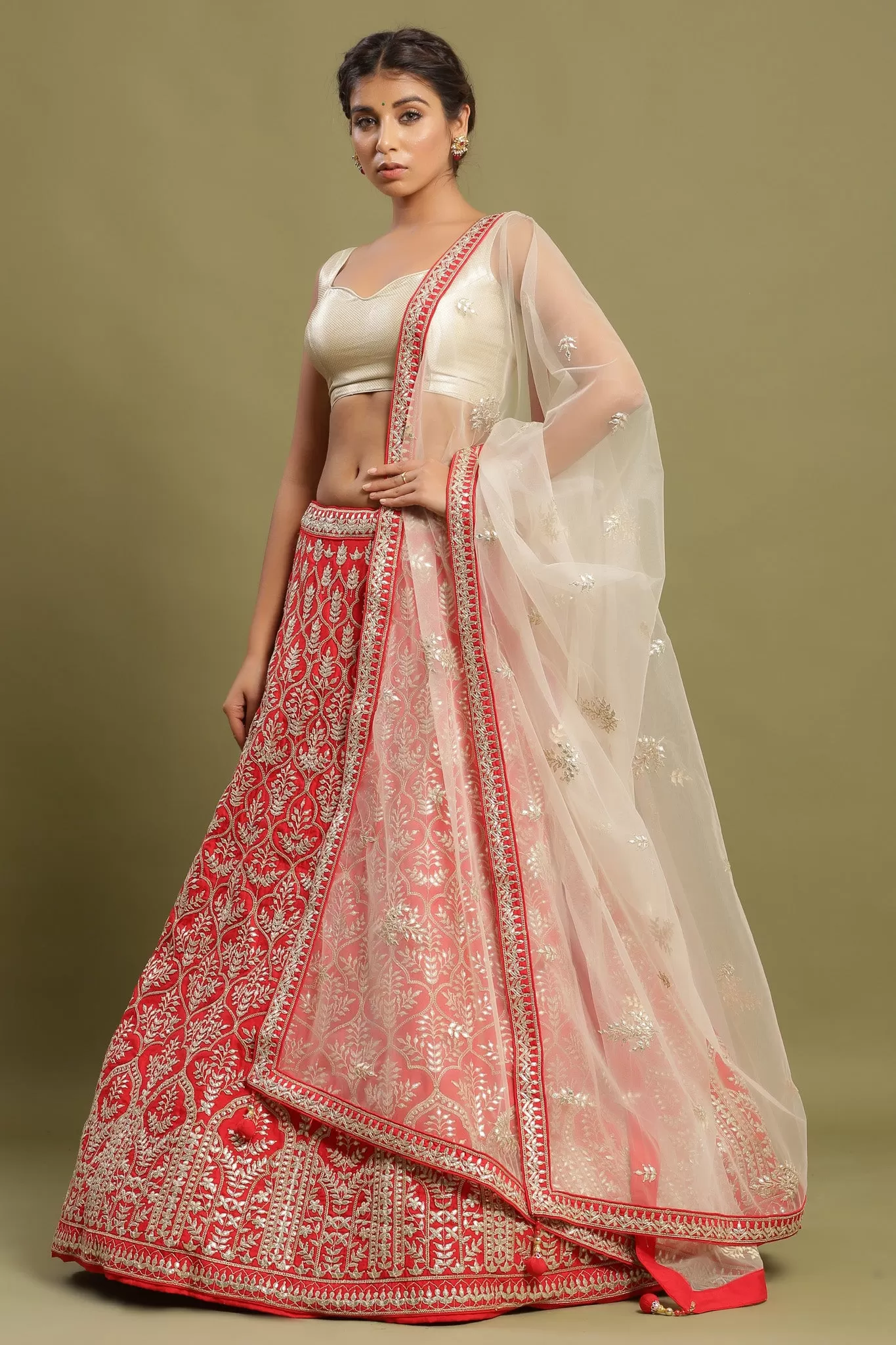 30Z216-RO Red Embroidered Lehenga with Net Dupatta