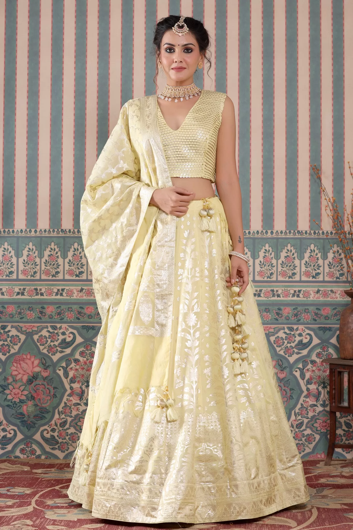 30Z244-RO Yellow Floral Zari Embroidered Silk Lehenga Set