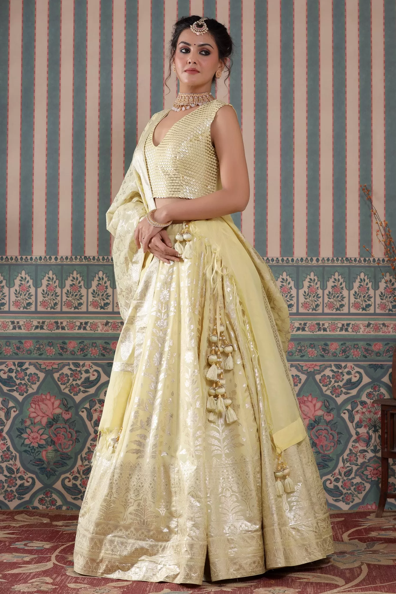 30Z244-RO Yellow Floral Zari Embroidered Silk Lehenga Set