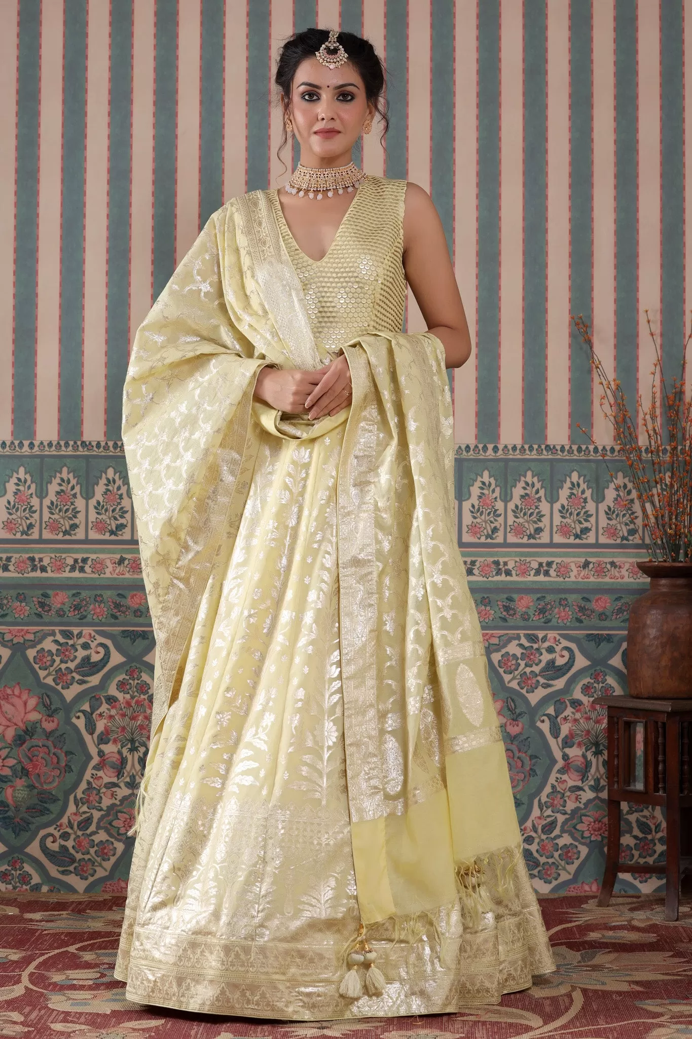 30Z244-RO Yellow Floral Zari Embroidered Silk Lehenga Set