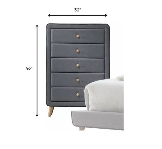 46 Light Gray Upholstery 5 Drawer Chest Dresser With Light Natural Legs