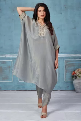 52A160 Light Grey Tissue Georgette Kaftan And Dhoti Set