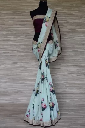 90I708-RO Mint Green Floral Tussar Georgette Sari with Embroidered Border