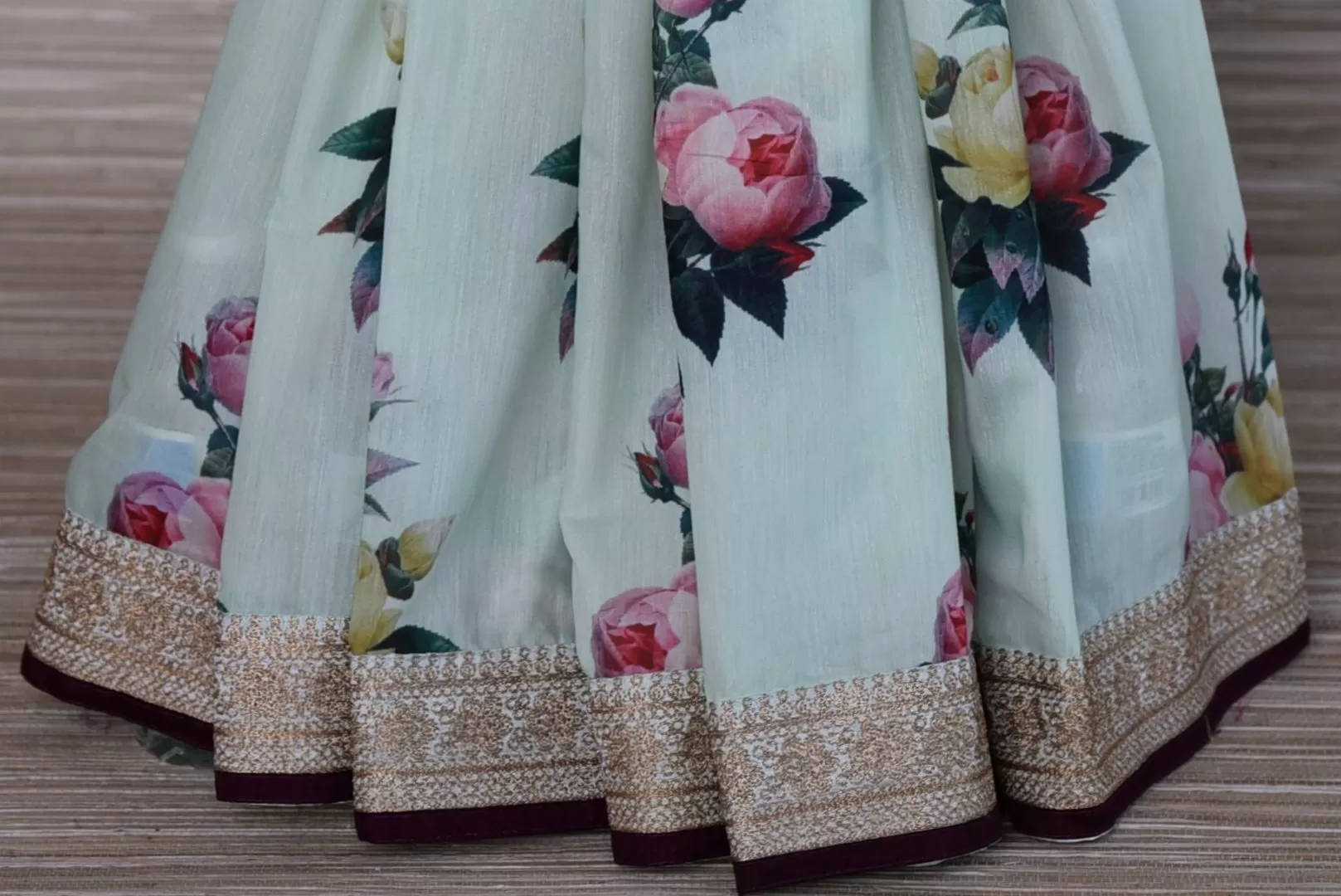 90I708-RO Mint Green Floral Tussar Georgette Sari with Embroidered Border