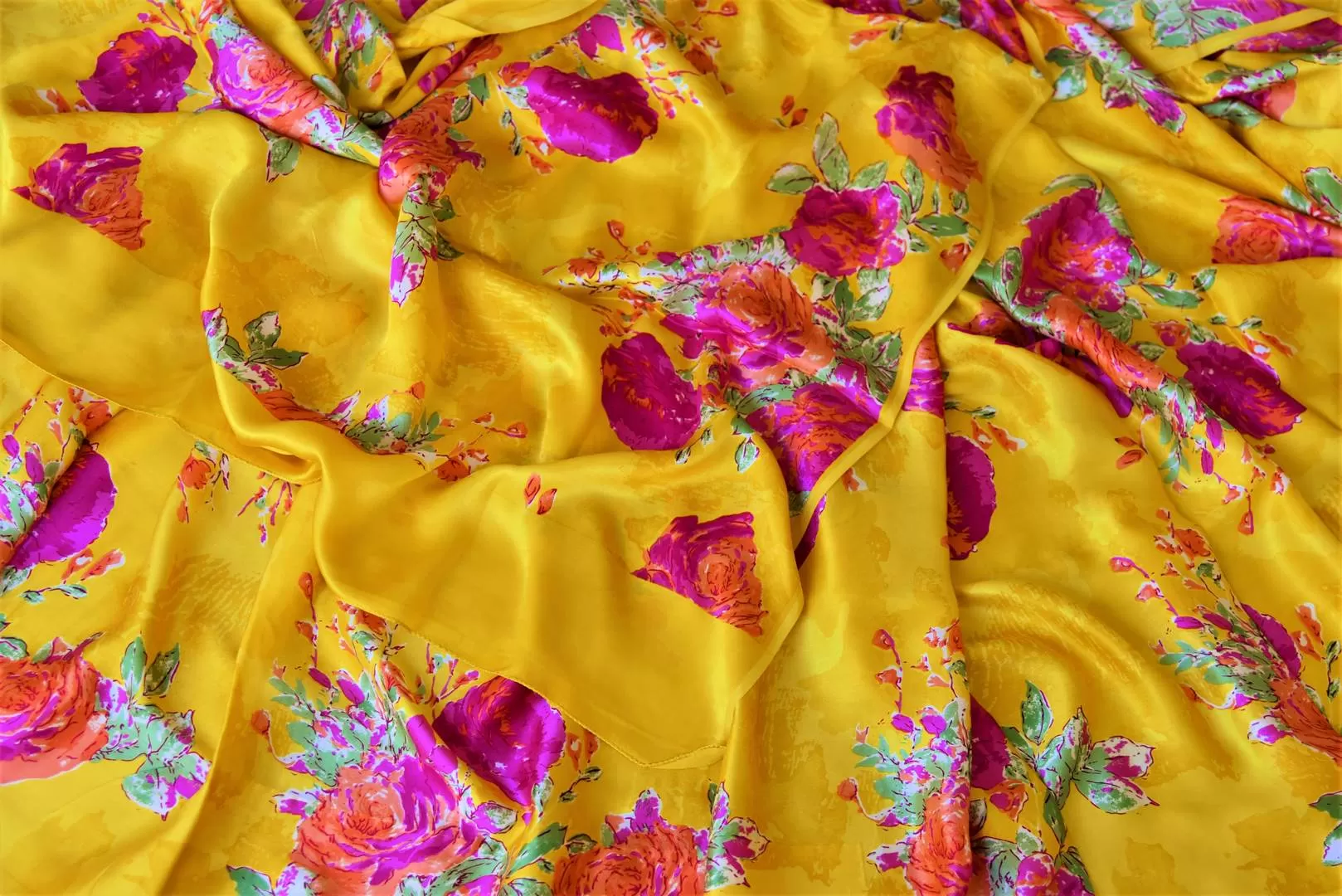 90I763-RO Yellow Crepe Silk Saree with Pink Floral Print