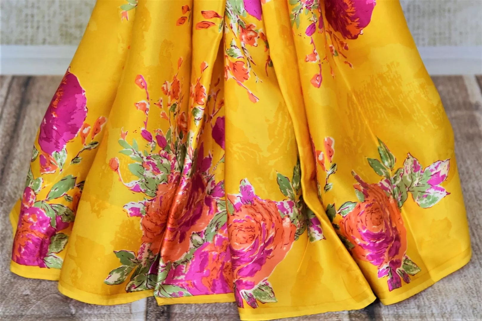 90I763-RO Yellow Crepe Silk Saree with Pink Floral Print