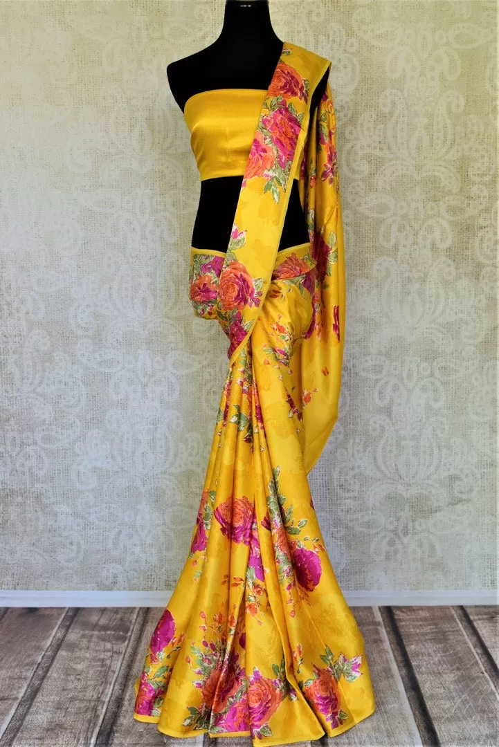 90I763-RO Yellow Crepe Silk Saree with Pink Floral Print