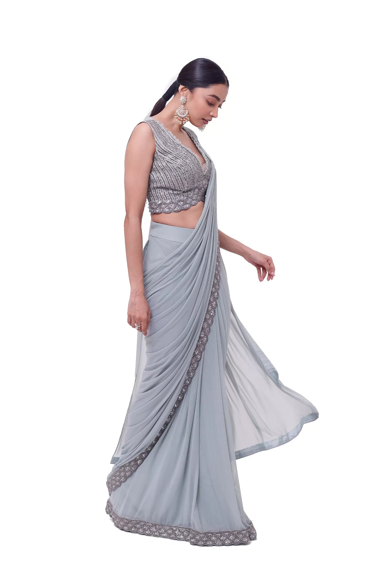 90Y004-RO Powder Blue Embroidered Drape Saree with Blouse