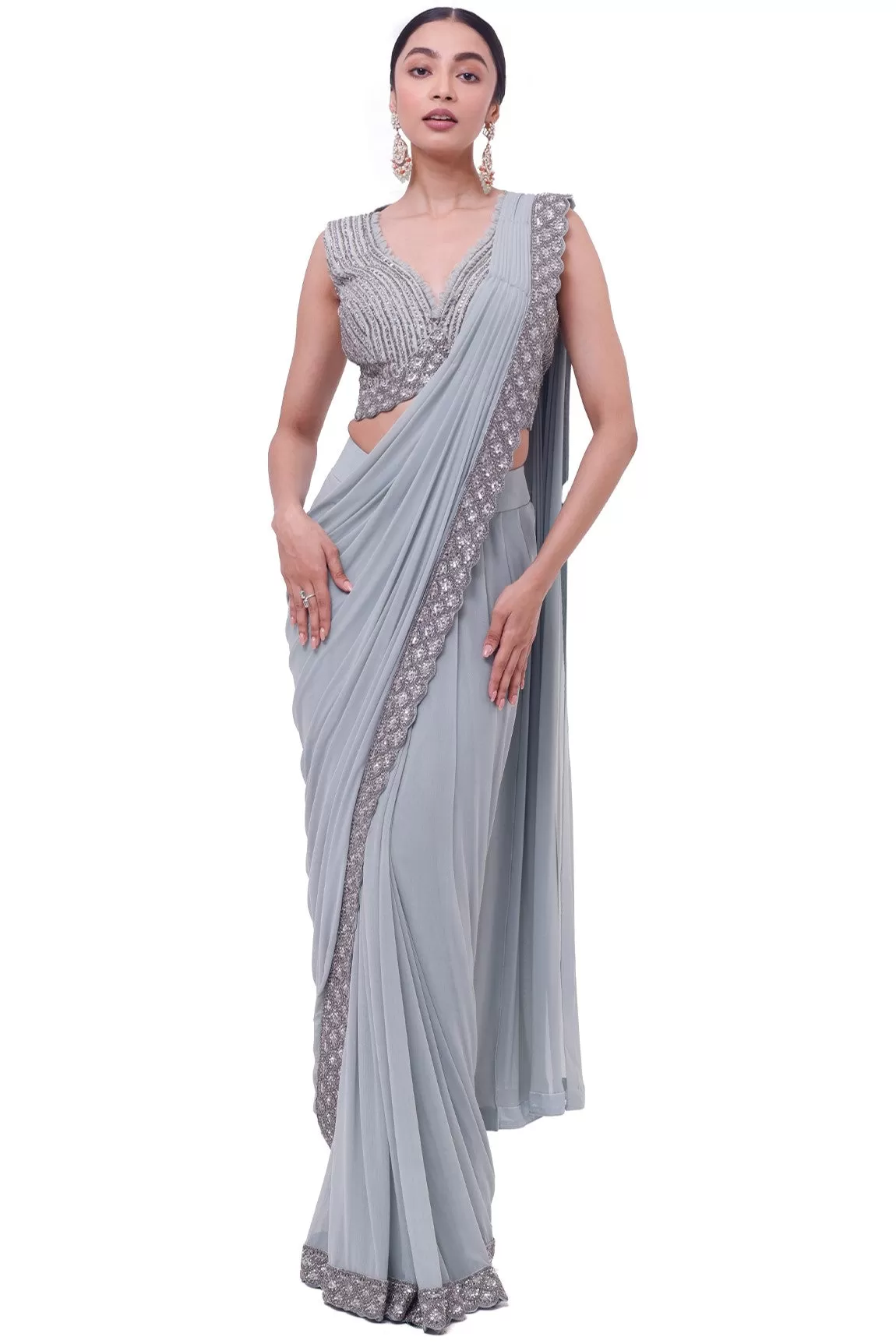 90Y004-RO Powder Blue Embroidered Drape Saree with Blouse