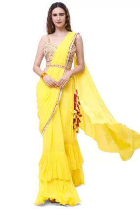 90Y014-RO Yellow Georgette Ruffle Sharara Drape Saree