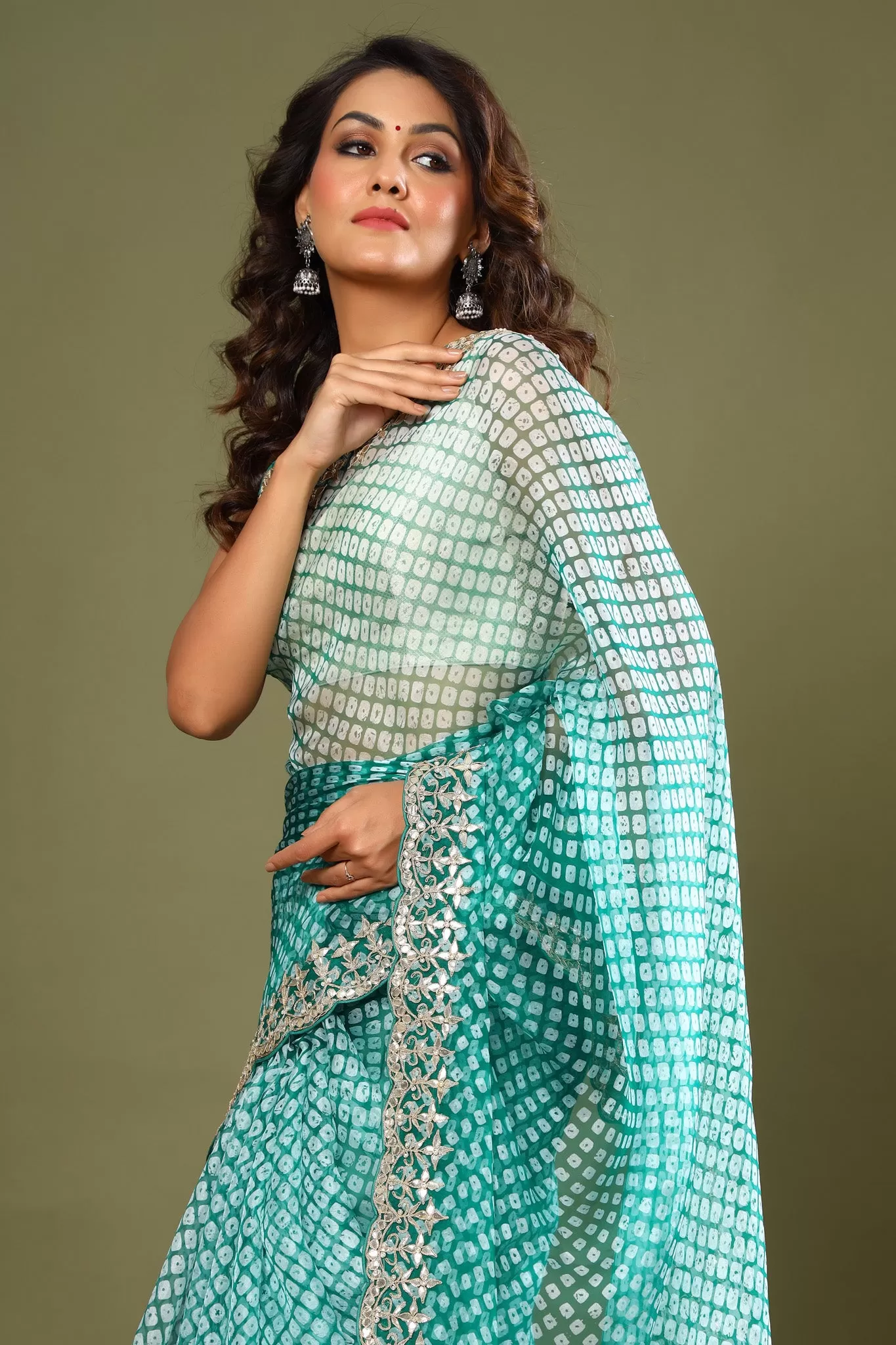 90Z465-NRO Sea Green Bandhej Embroidered Organza Saree