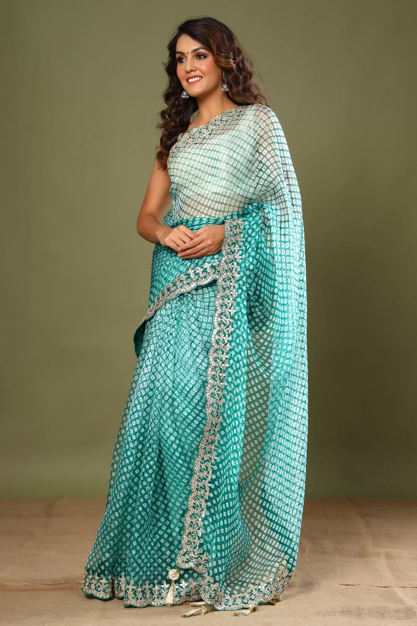 90Z465-NRO Sea Green Bandhej Embroidered Organza Saree