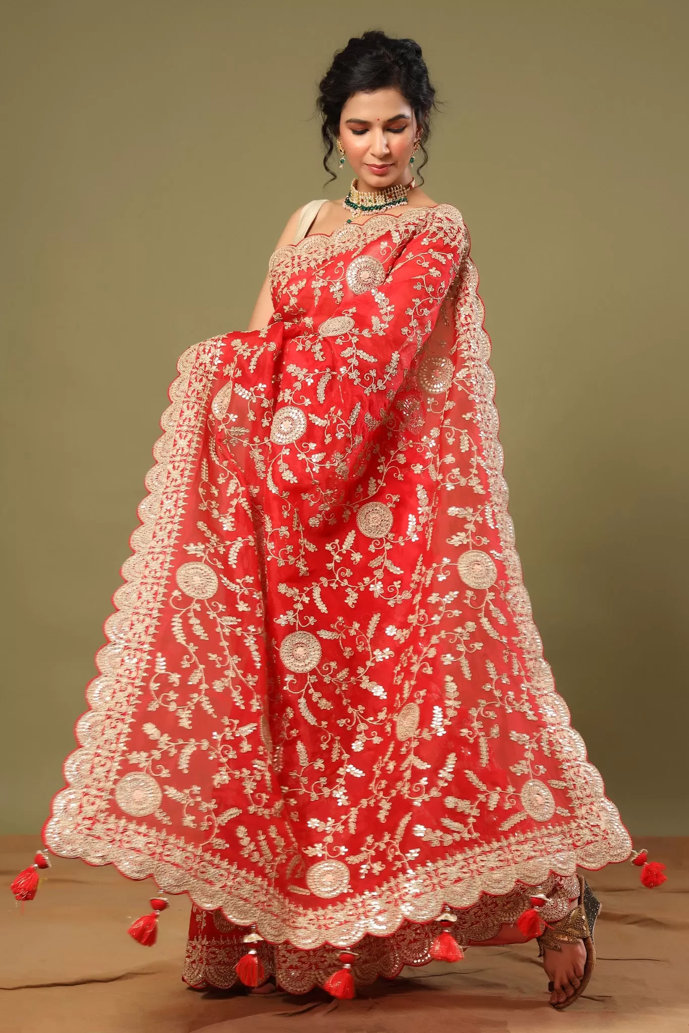 90Z485-RO Red Organza Saree with Embroidery