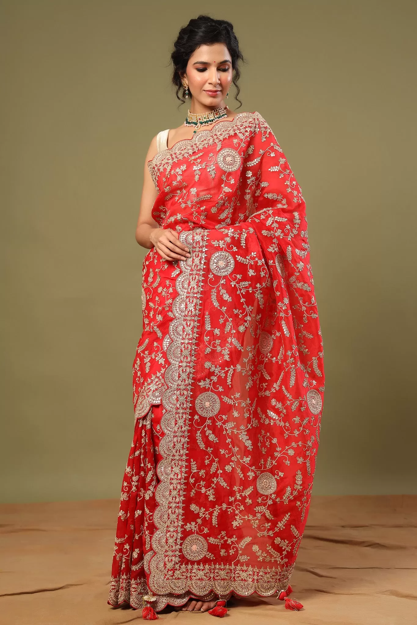 90Z485-RO Red Organza Saree with Embroidery