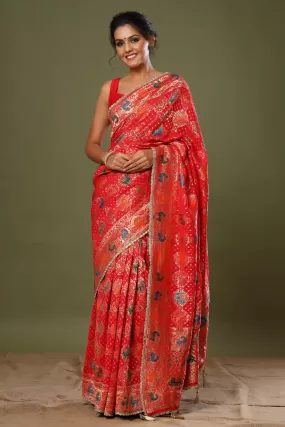 90Z495-RO Red Patola Silk Sari with Golden Scalloped Lace