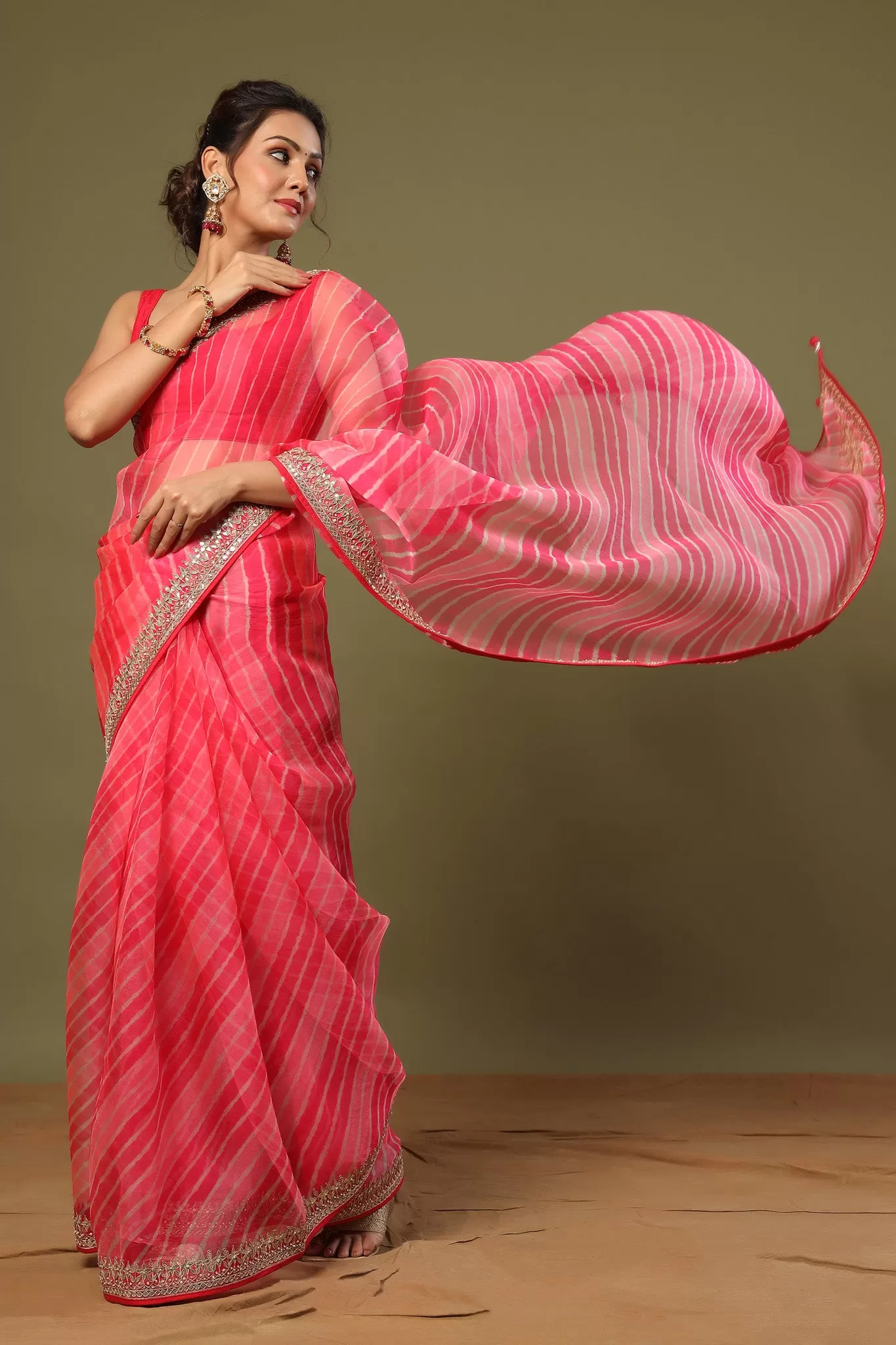 90Z531-RO Pink Striped Organza Silk Saree with Embroidered Border