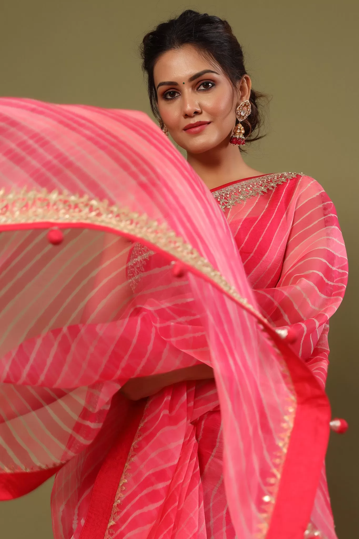 90Z531-RO Pink Striped Organza Silk Saree with Embroidered Border