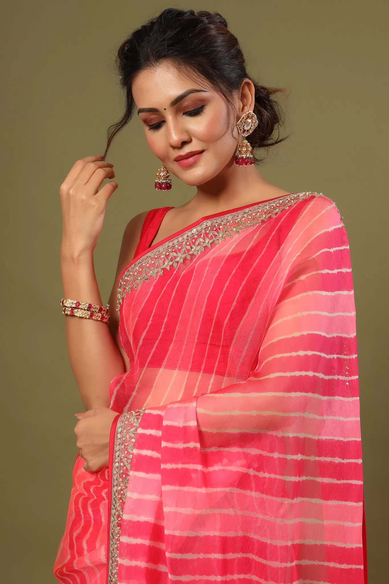 90Z531-RO Pink Striped Organza Silk Saree with Embroidered Border