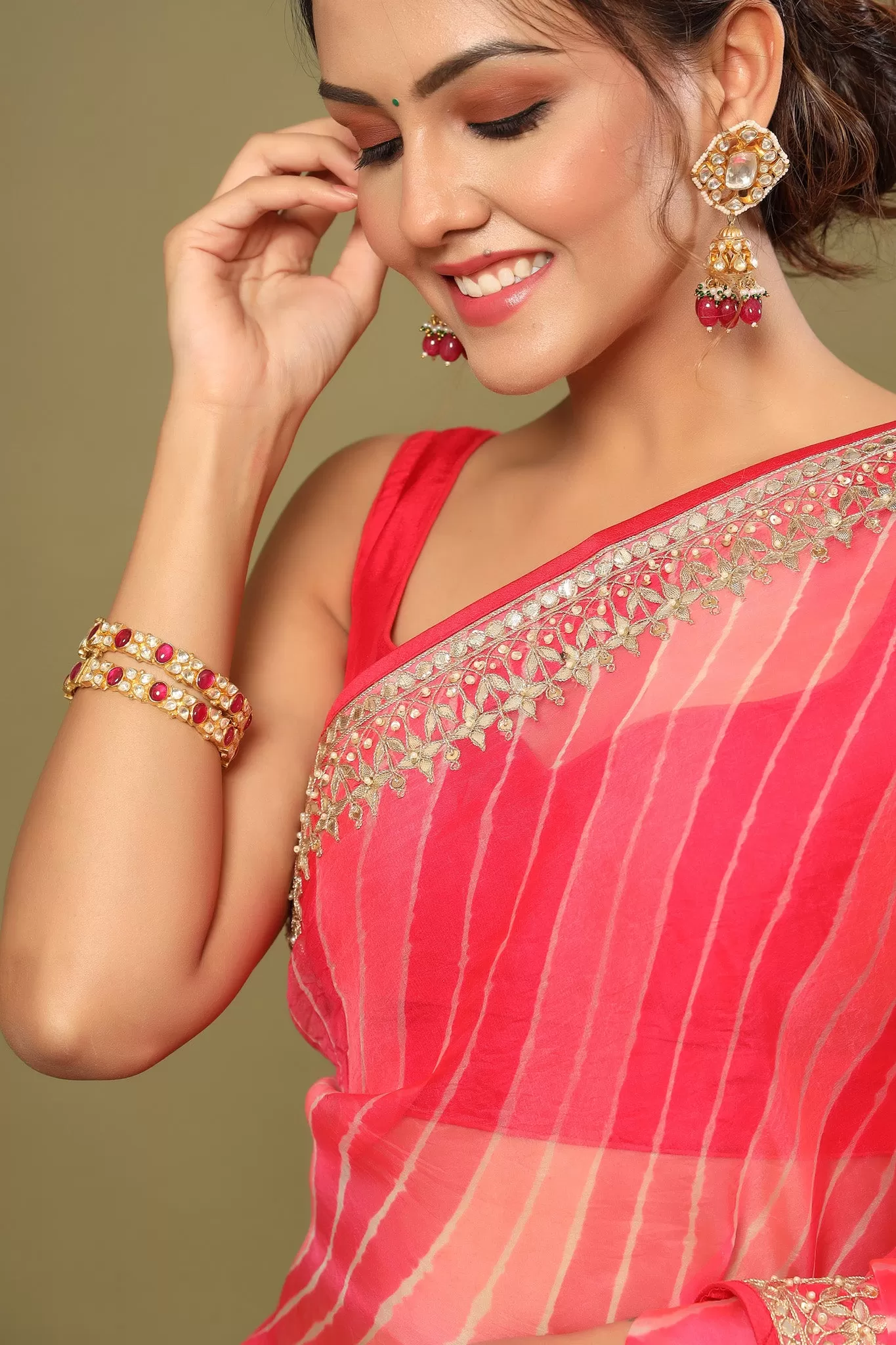 90Z531-RO Pink Striped Organza Silk Saree with Embroidered Border