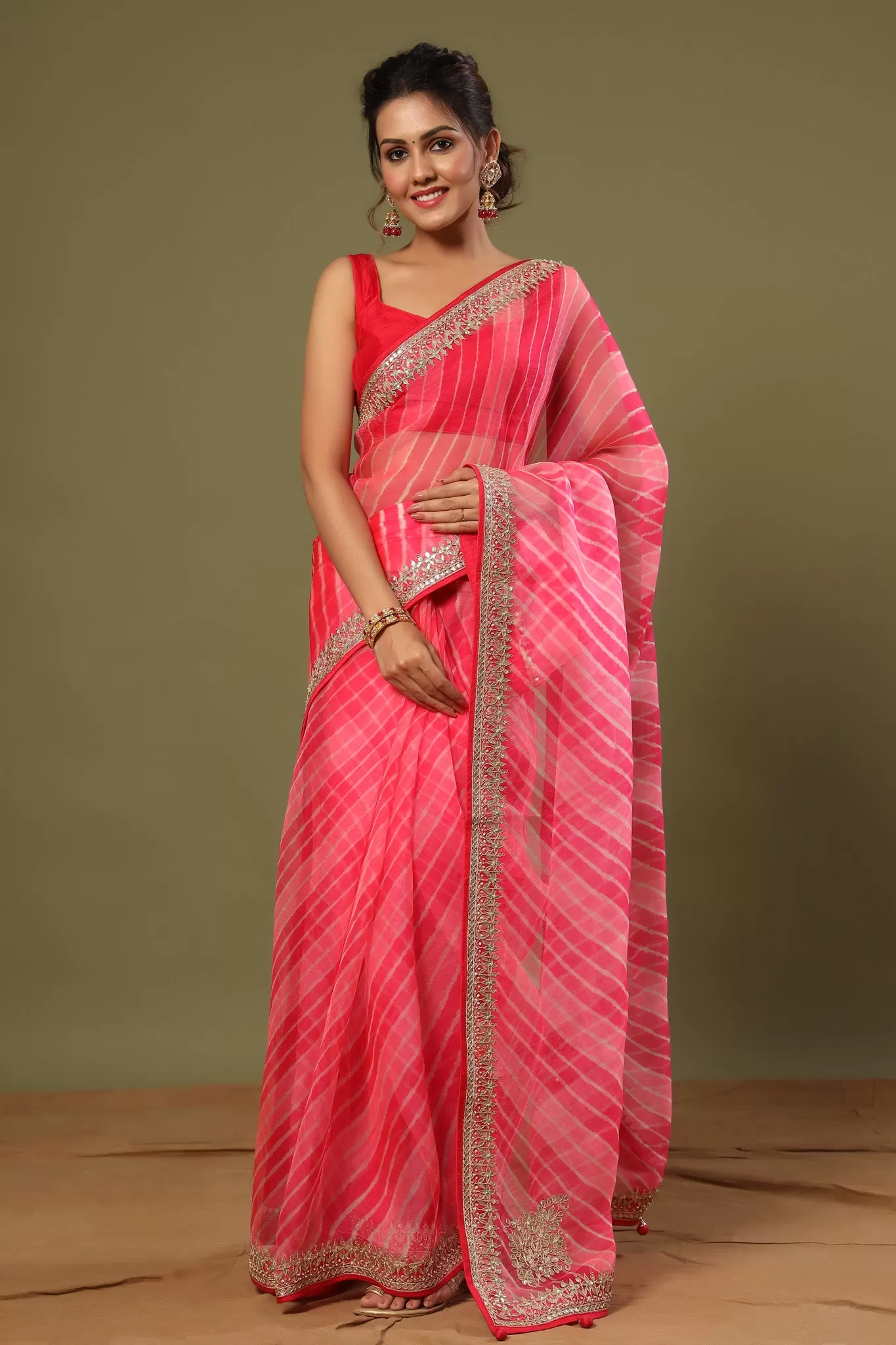 90Z531-RO Pink Striped Organza Silk Saree with Embroidered Border