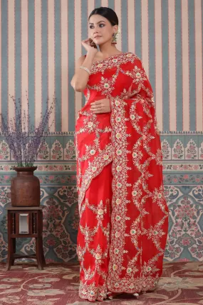 90Z549-RO Red Heavy Embroidery Organza Saree