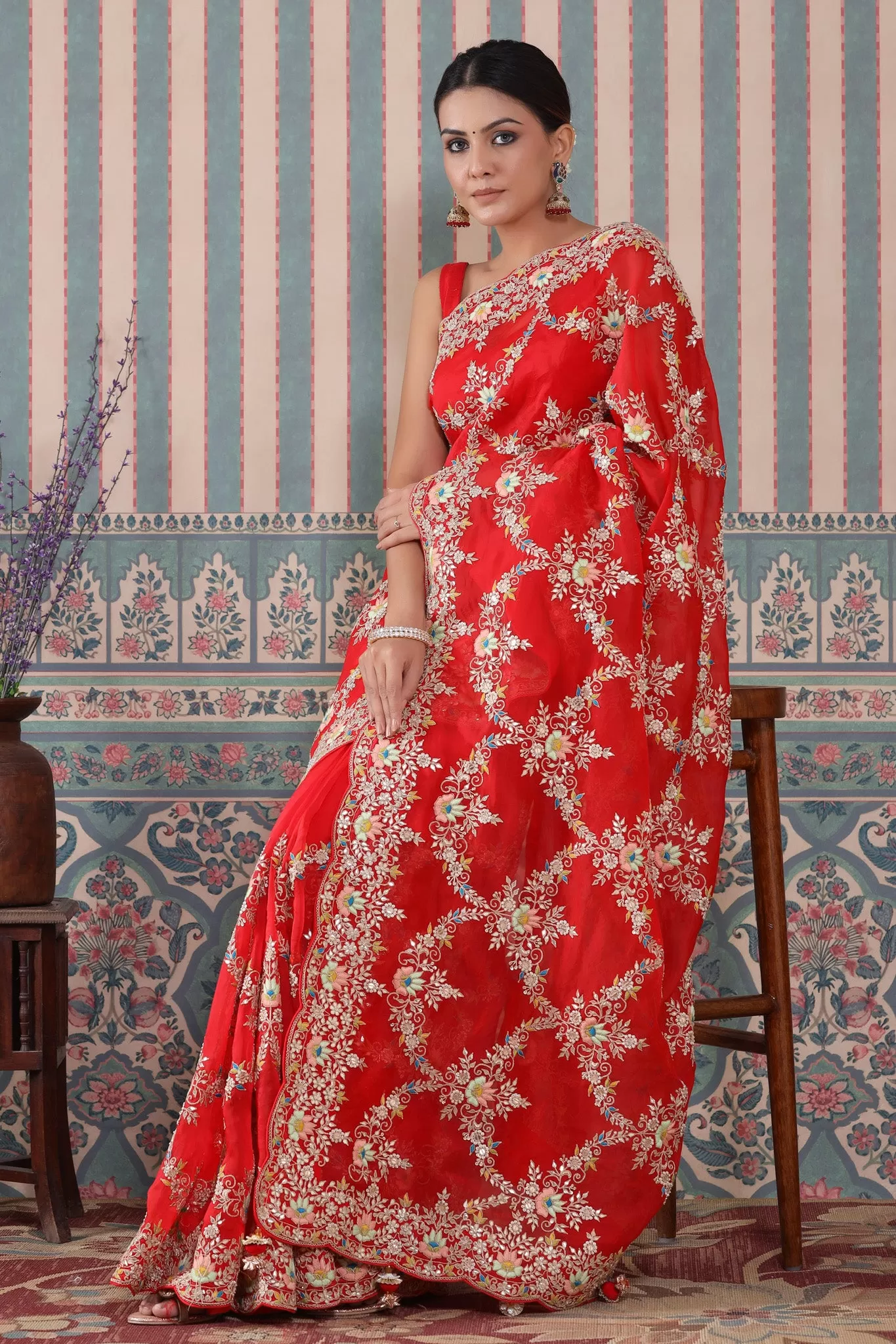 90Z549-RO Red Heavy Embroidery Organza Saree