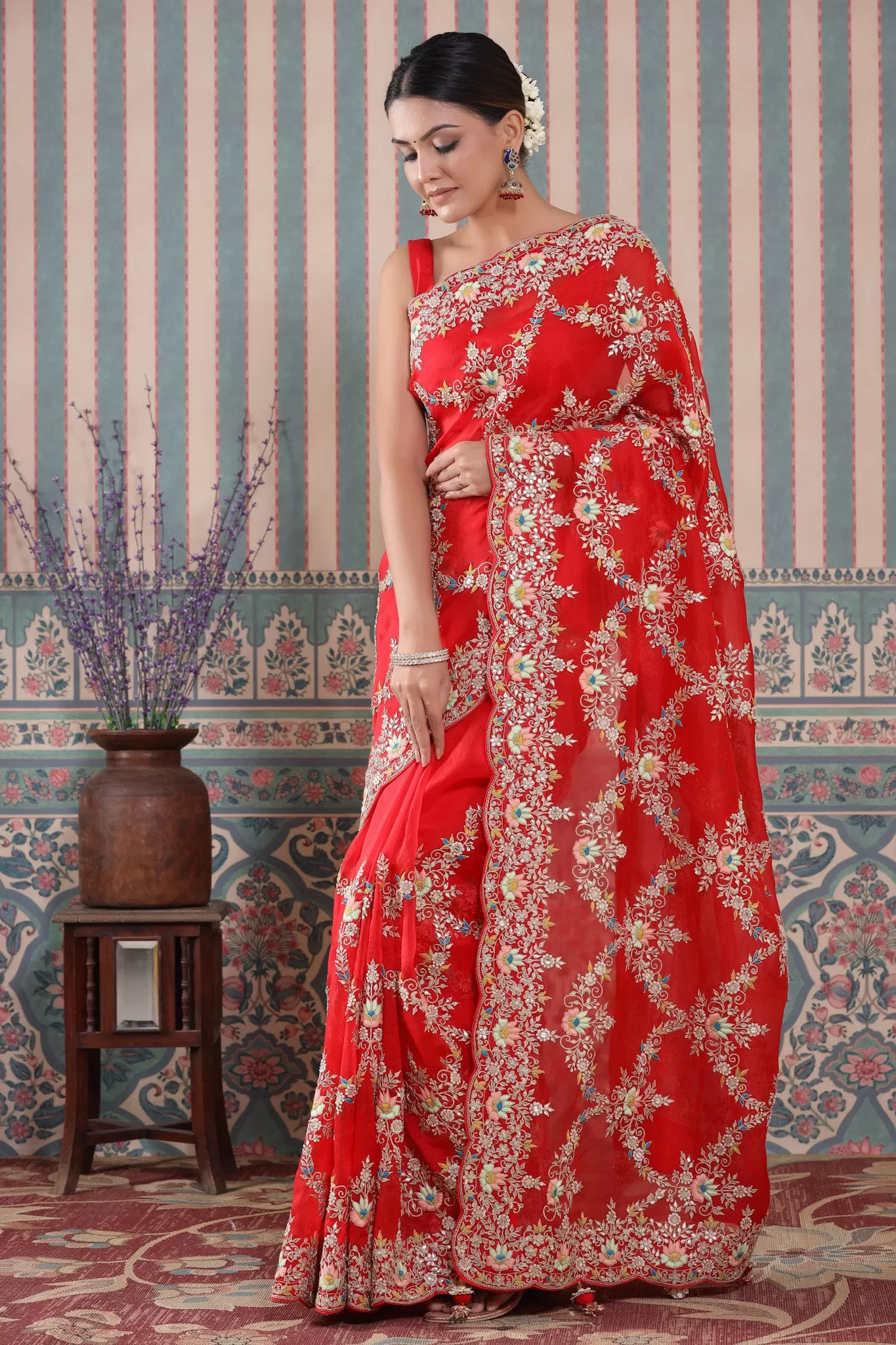 90Z549-RO Red Heavy Embroidery Organza Saree