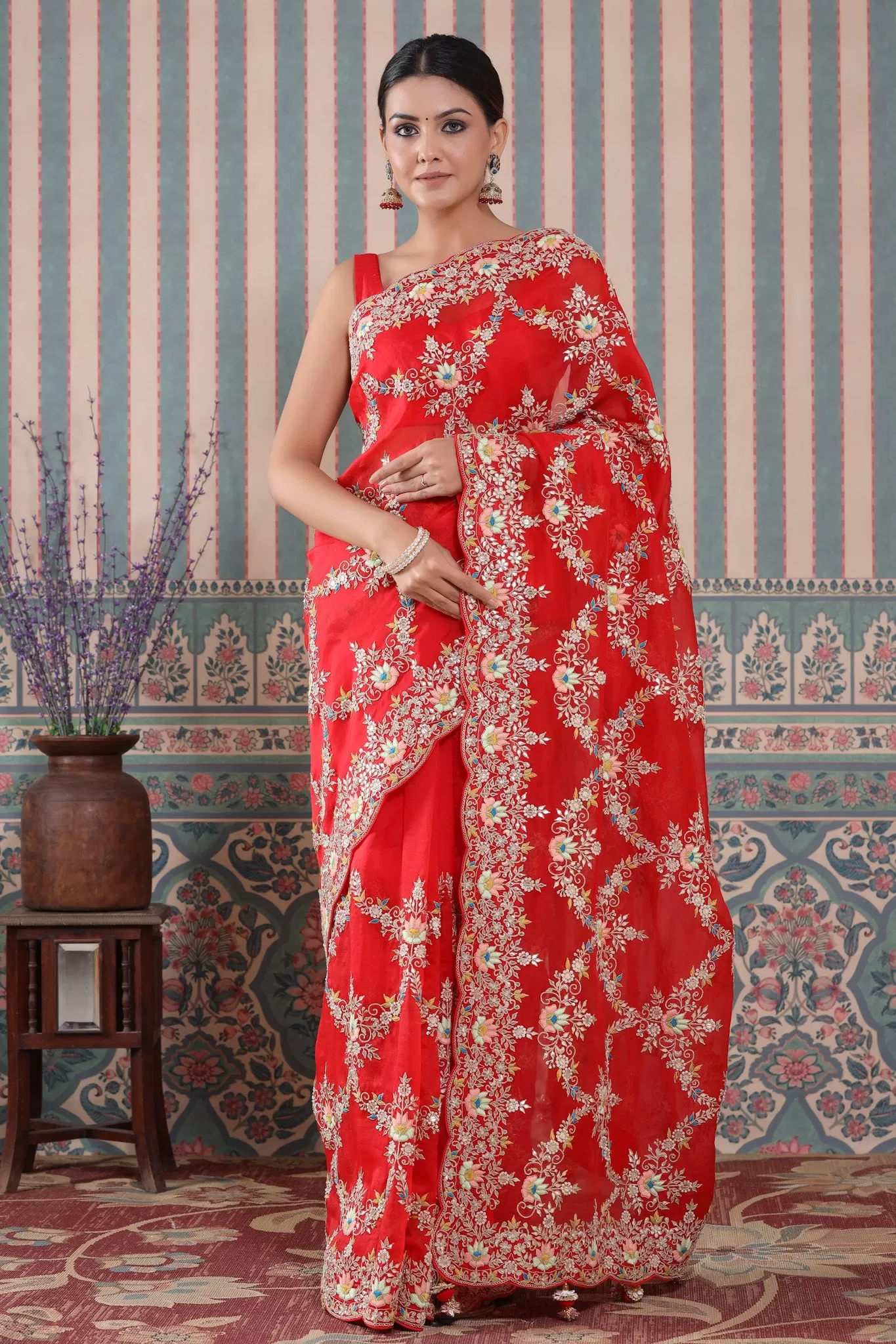 90Z549-RO Red Heavy Embroidery Organza Saree