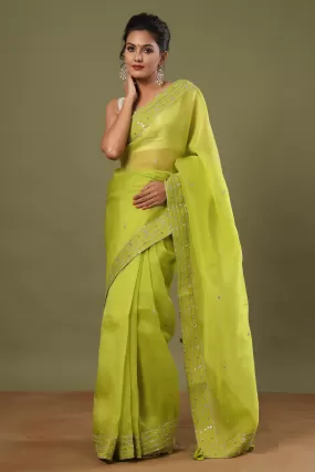 90Z551-RO Pista Green Organza Saree with Embroidered Border