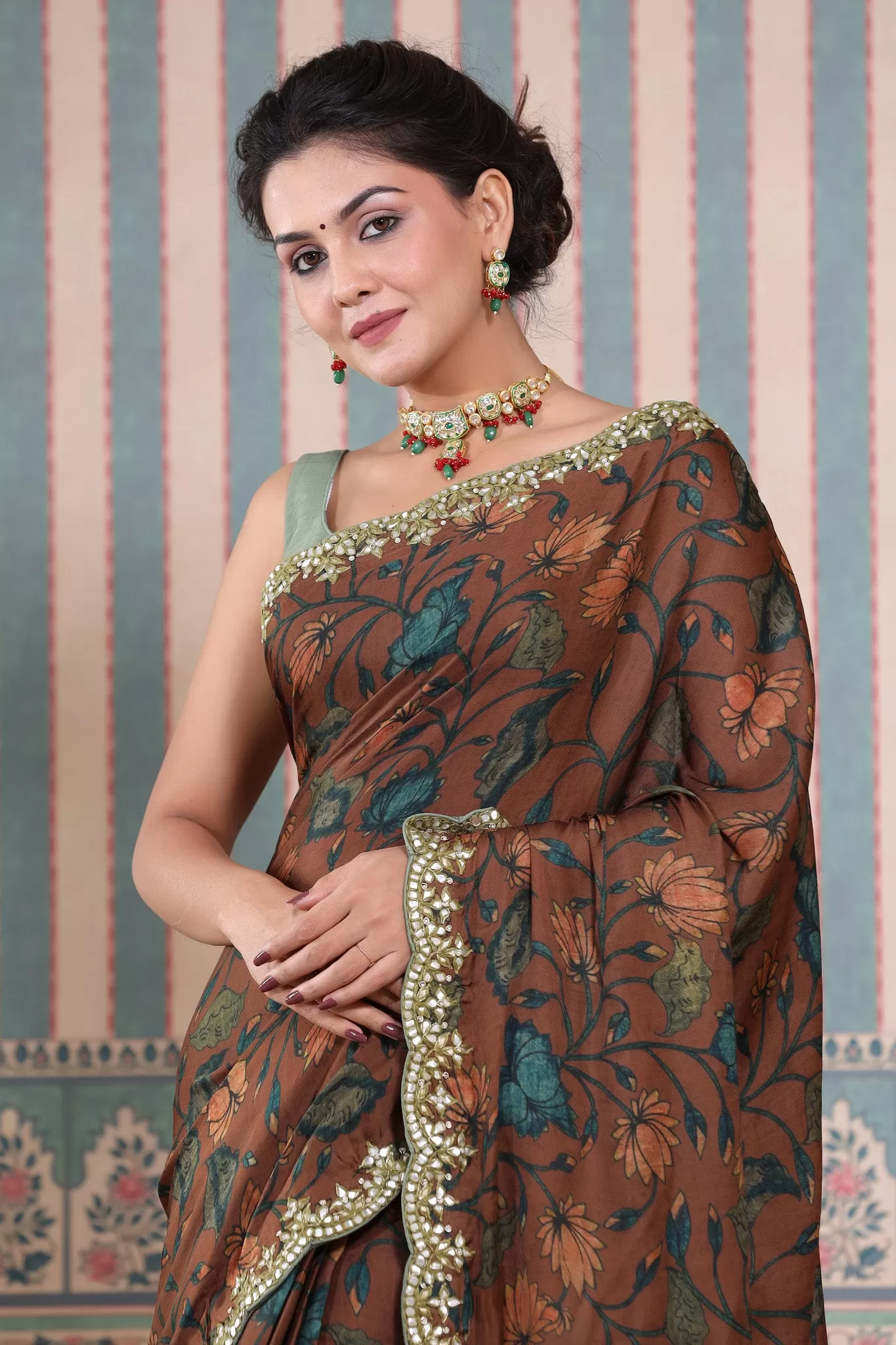 90Z612-RO Brown Printed Mulbery Silk Saree with Scalloped Border