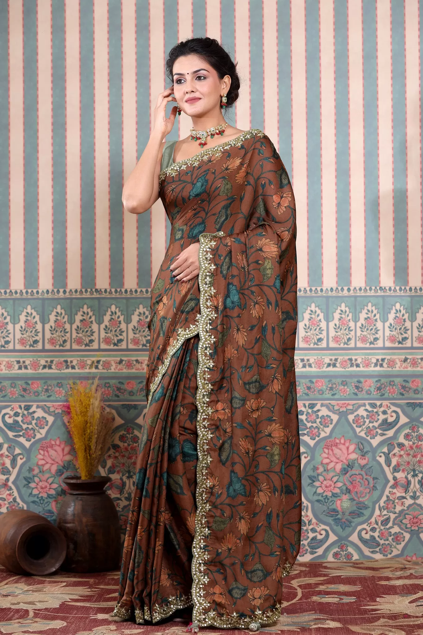 90Z612-RO Brown Printed Mulbery Silk Saree with Scalloped Border