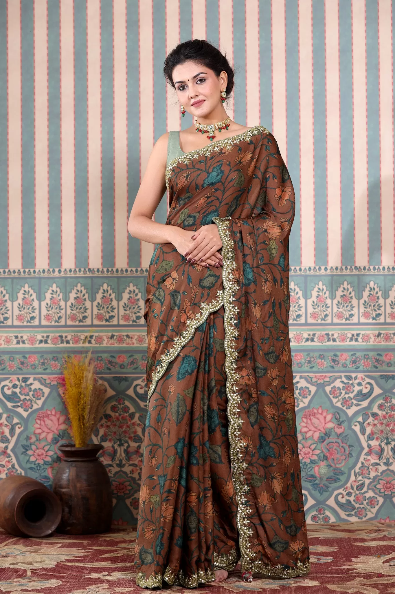 90Z612-RO Brown Printed Mulbery Silk Saree with Scalloped Border