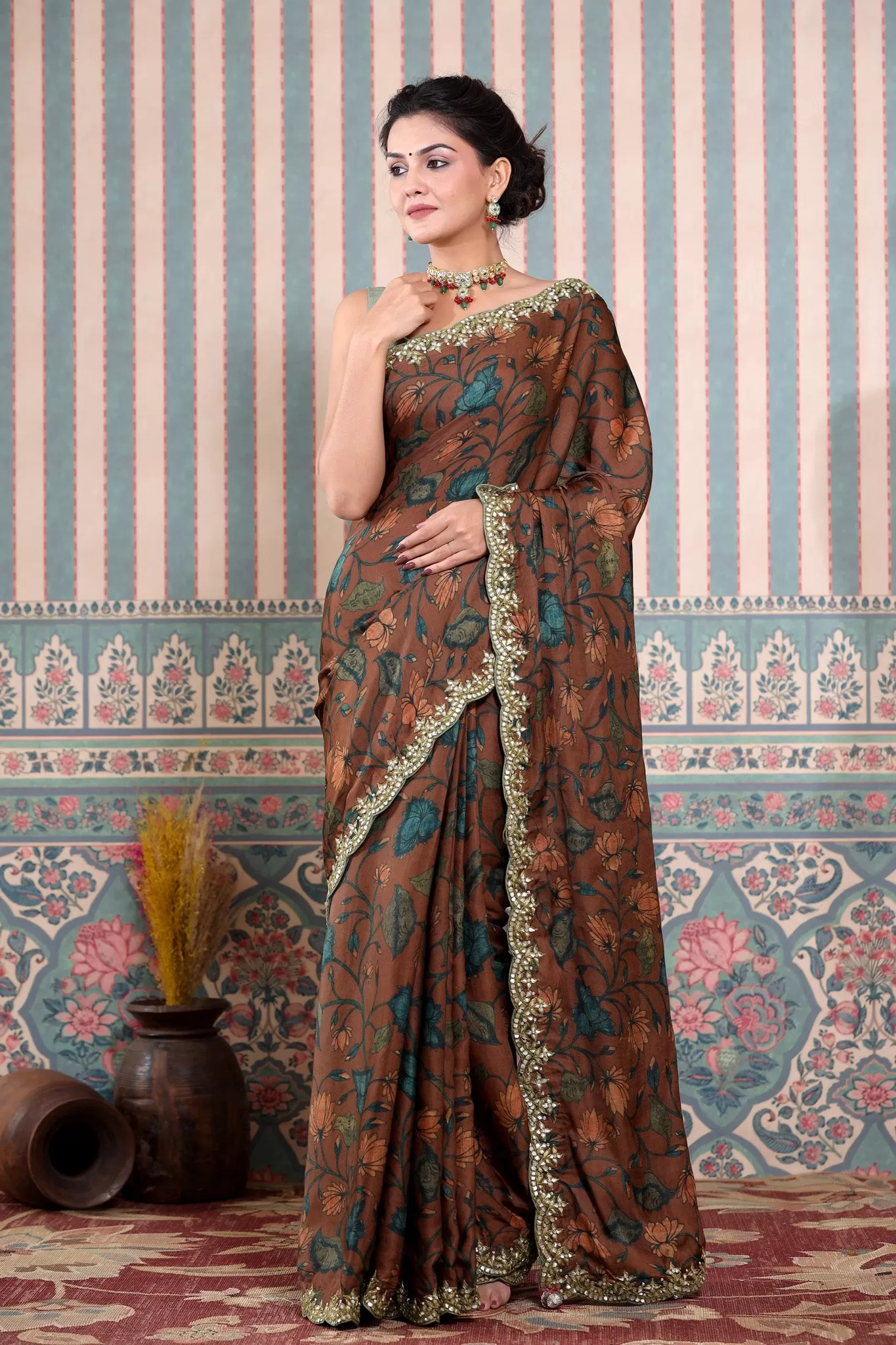 90Z612-RO Brown Printed Mulbery Silk Saree with Scalloped Border