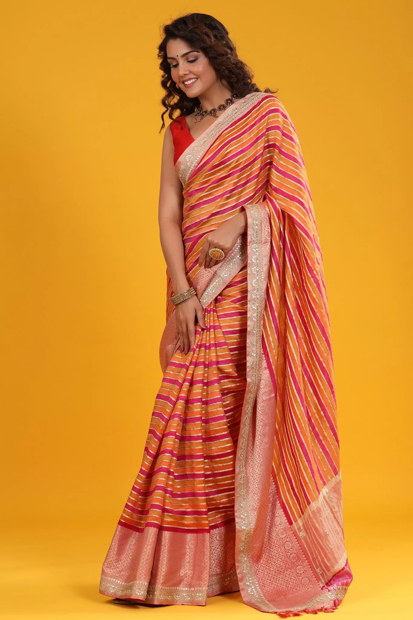 90Z671-RO Multicolor Stripes Tussar Silk Sari with Embroidered Border