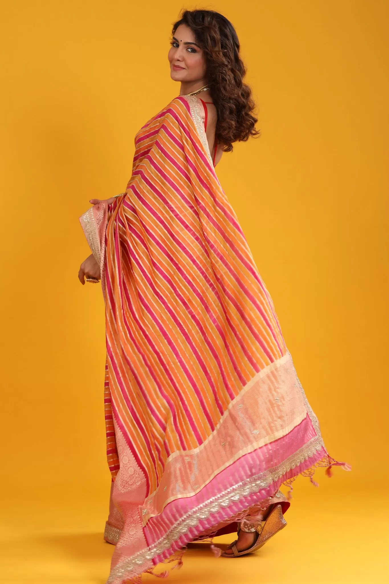 90Z671-RO Multicolor Stripes Tussar Silk Sari with Embroidered Border