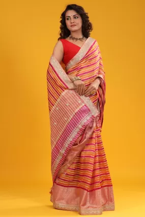 90Z671-RO Multicolor Stripes Tussar Silk Sari with Embroidered Border