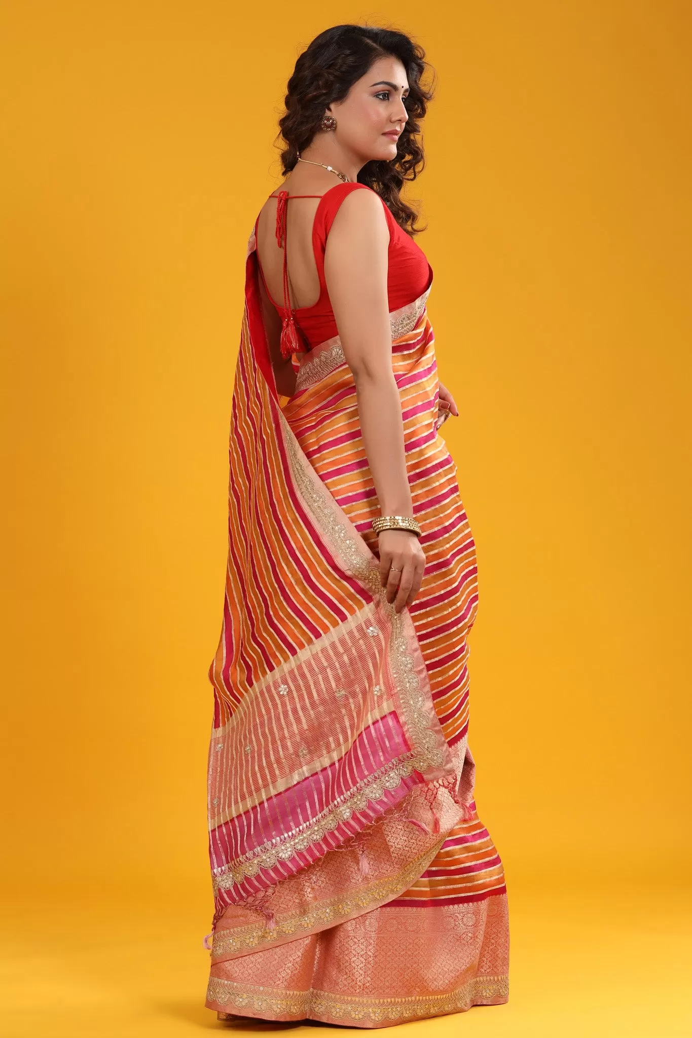 90Z671-RO Multicolor Stripes Tussar Silk Sari with Embroidered Border