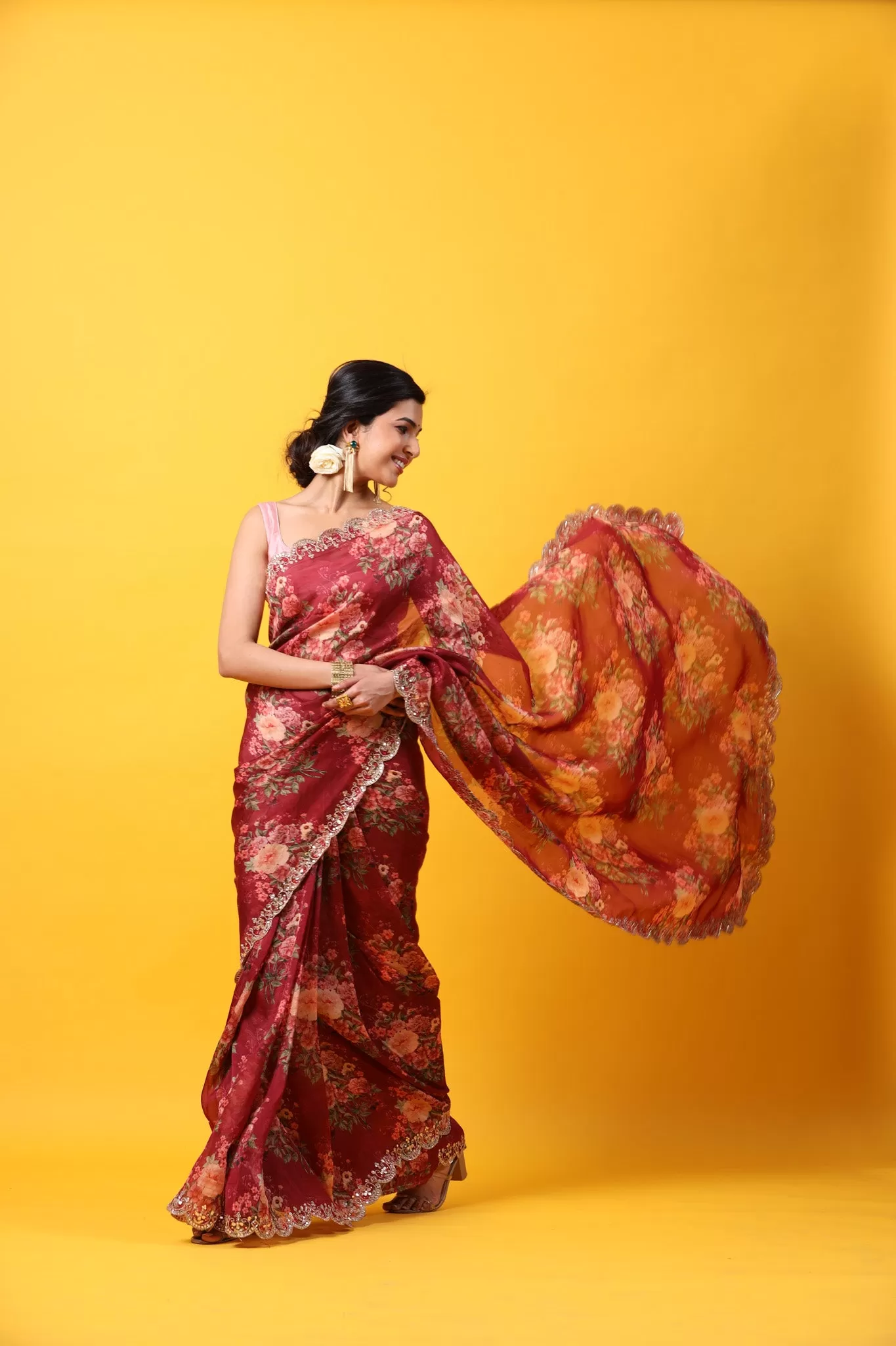 90Z684-NRO Red Floral Organza Silk Sari with Scalloped Border