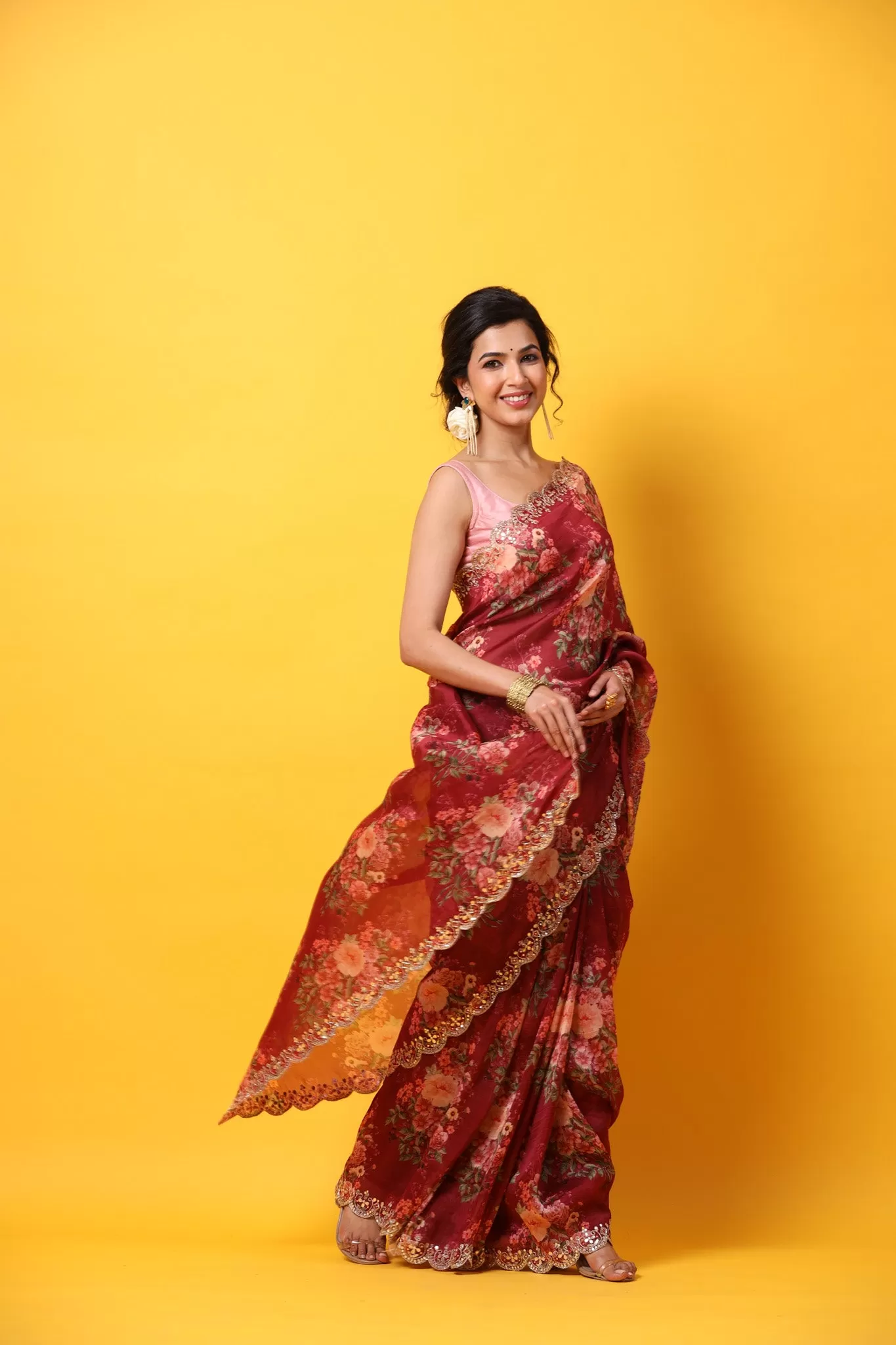 90Z684-NRO Red Floral Organza Silk Sari with Scalloped Border