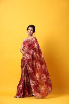 90Z684-NRO Red Floral Organza Silk Sari with Scalloped Border