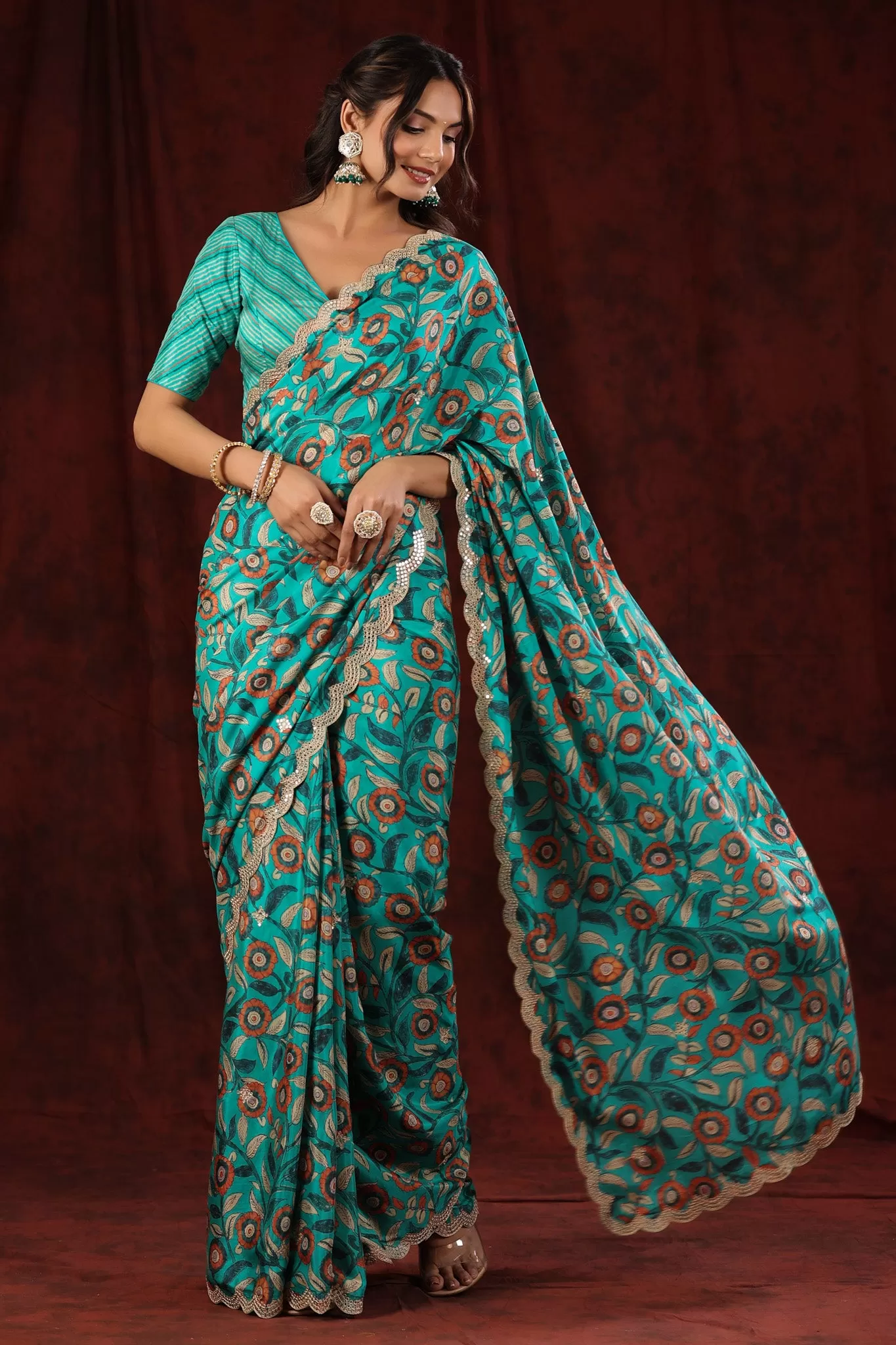 90Z700-NRO Sea Green Floral Crepe Georgette Saree